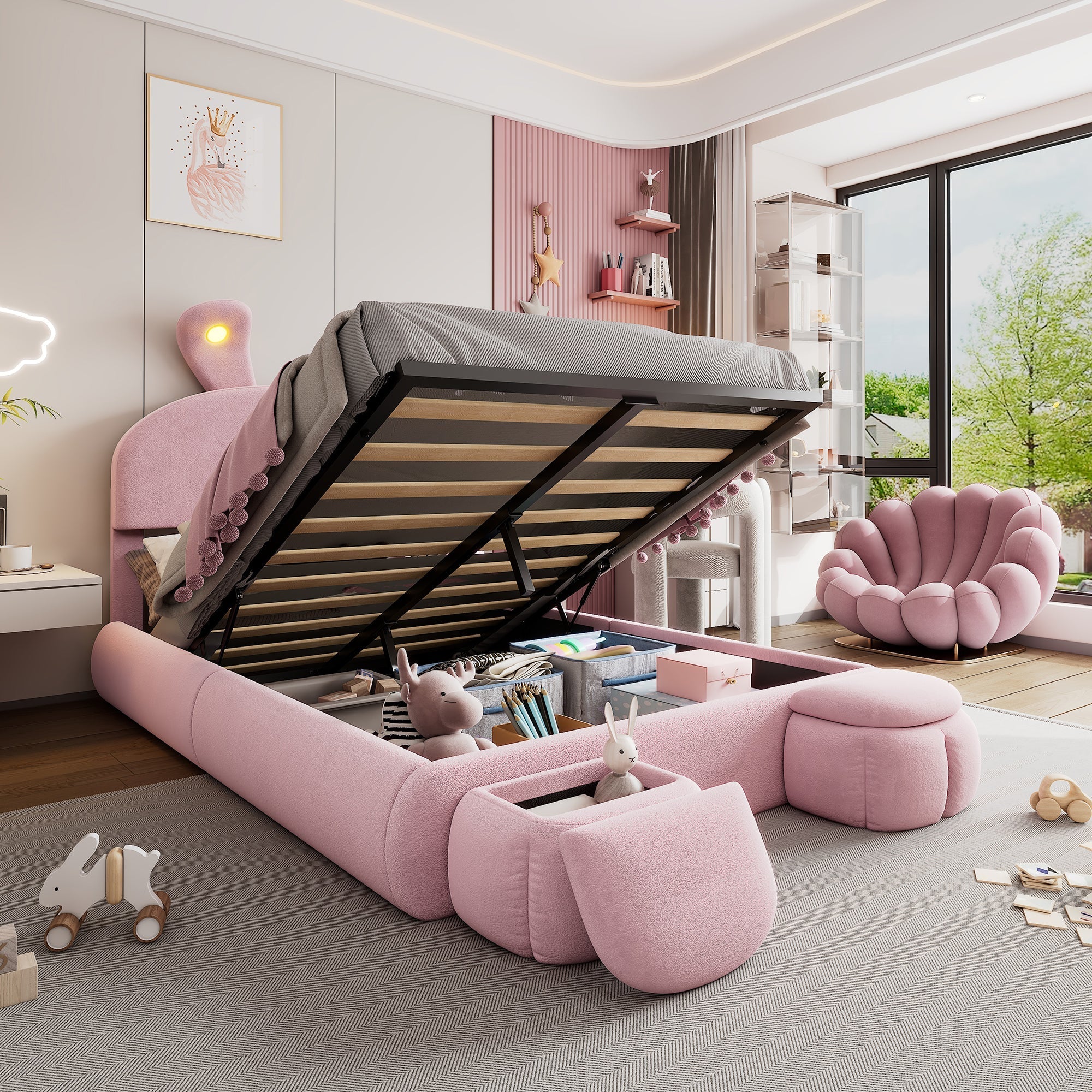Upholstered Bed Hydraulic Storage, Bunny Ears LED Strips, 140x200cm, Stools, Velvet Pink