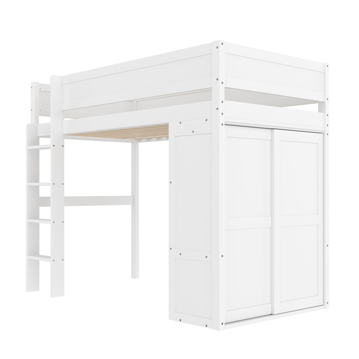 Loft Bed 90x200cm with Wardrobe & Storage, White Pine Wood