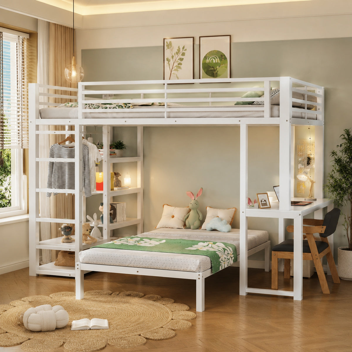 Bunk Bed 90x200cm with Desk & Shelves, White Metal