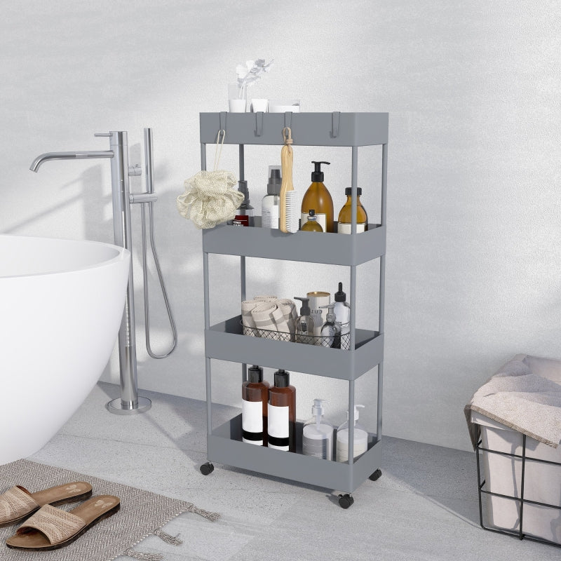 Rolling Cart, 4-Tier Shelf with Wheels and Brakes, Plastic, Gray