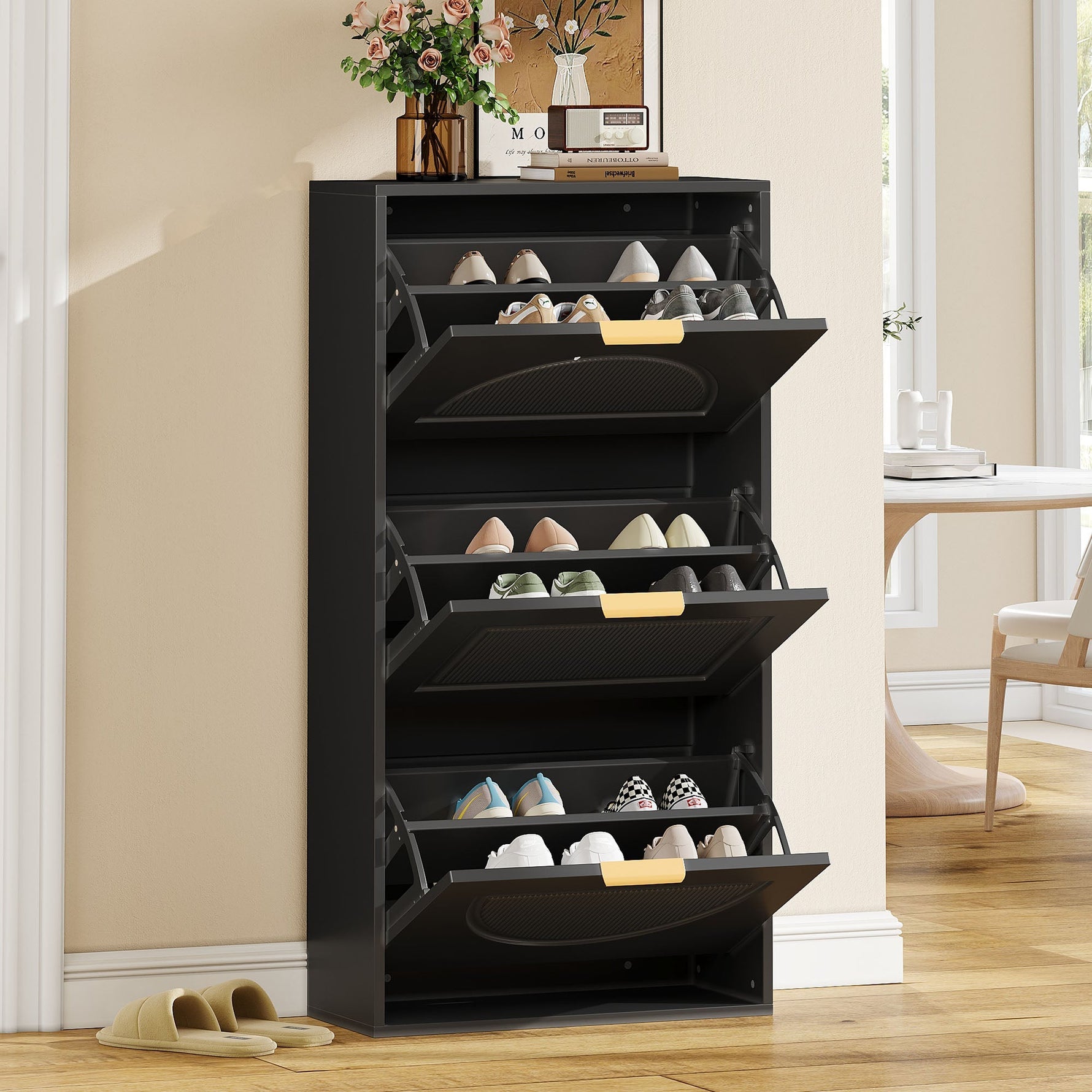 Narrow Shoe Cabinet with 3 Doors for Hallway and Living Room, Black