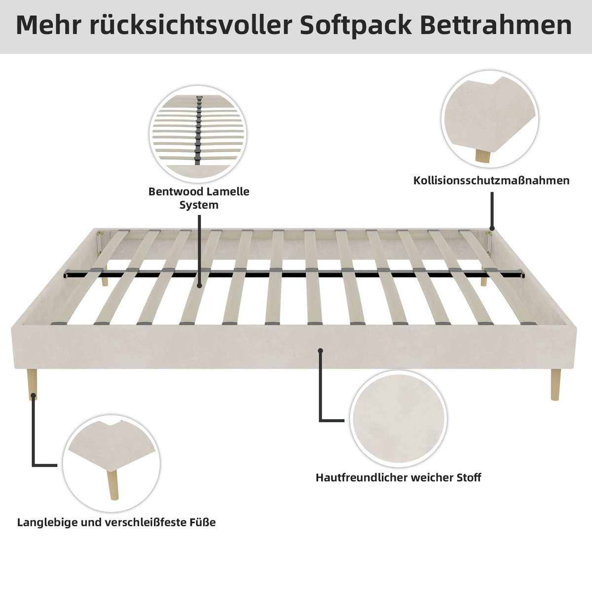 Modern Minimalist Bed Frame, 160x200CM Low Box, Dutch Velour Fabric Beige
