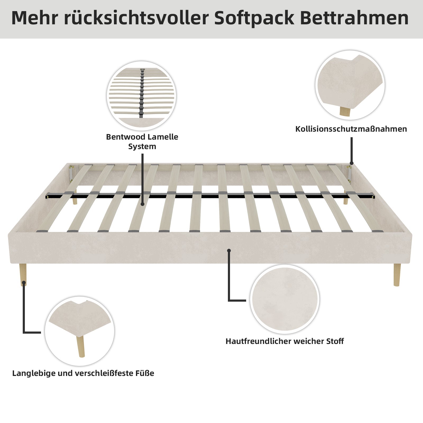 Modern Minimalist Bed Frame 160x200cm Low-Profile Base, Beige Dutch Velvet