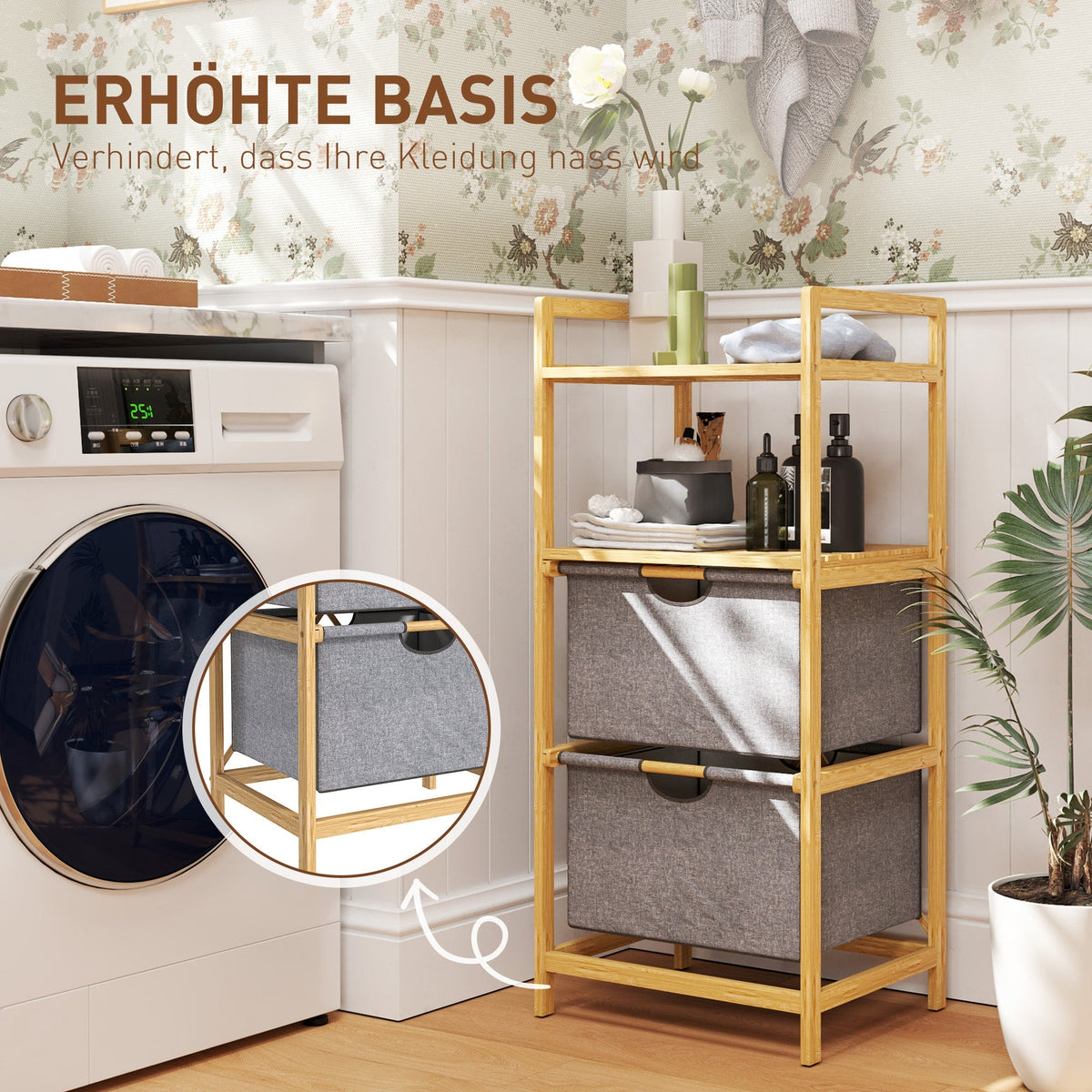Laundry Basket with 2 Fabric Baskets, Open Shelves, Handle, Bamboo, Natural