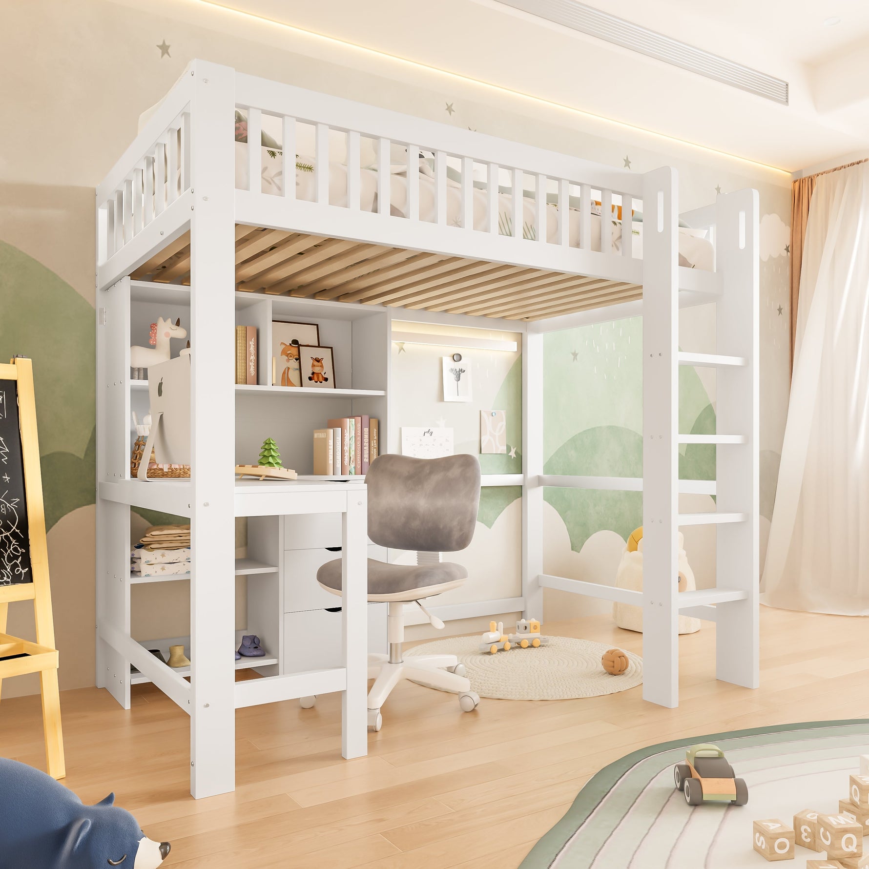 Loft Bed 90x200cm Storage Ladder Desk 3 Drawers, White