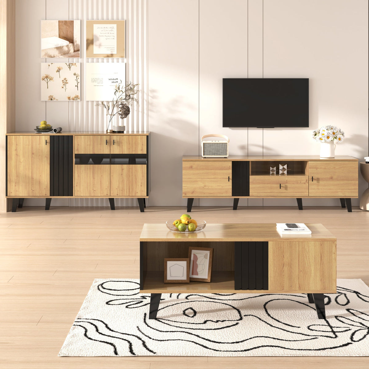 Living Room Furniture Set - Coffee Table, TV Cabinet & Sideboard, Modern, Wood & Black