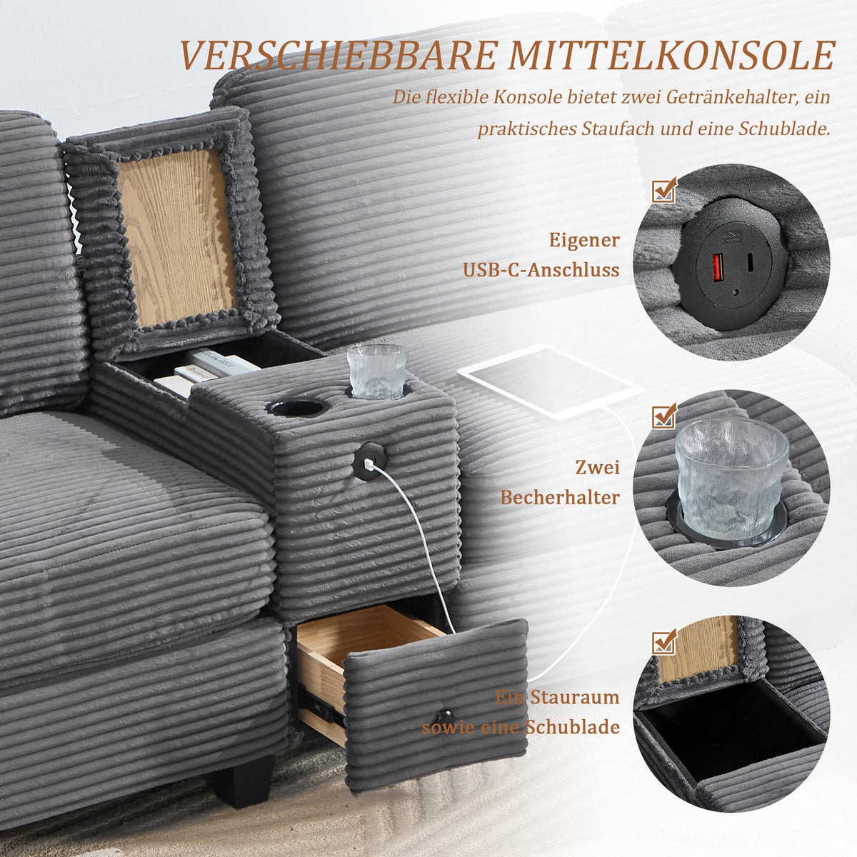 Sofa - Comfort Foam, Removable Console, USB-C, Storage Ottoman - Corduroy