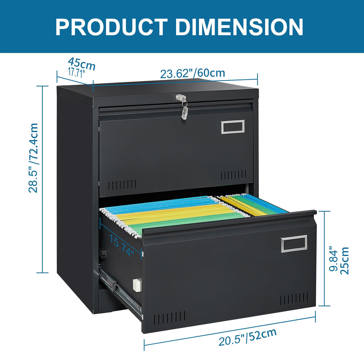 File Cabinet 2 Drawer Metal Lateral Locking Legal/Letter/A4 - Black