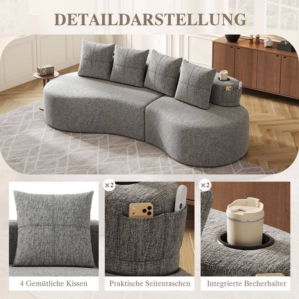 Linen Sofa with 4 Cushions, Cup Holder and Side Pocket, Light Grey
