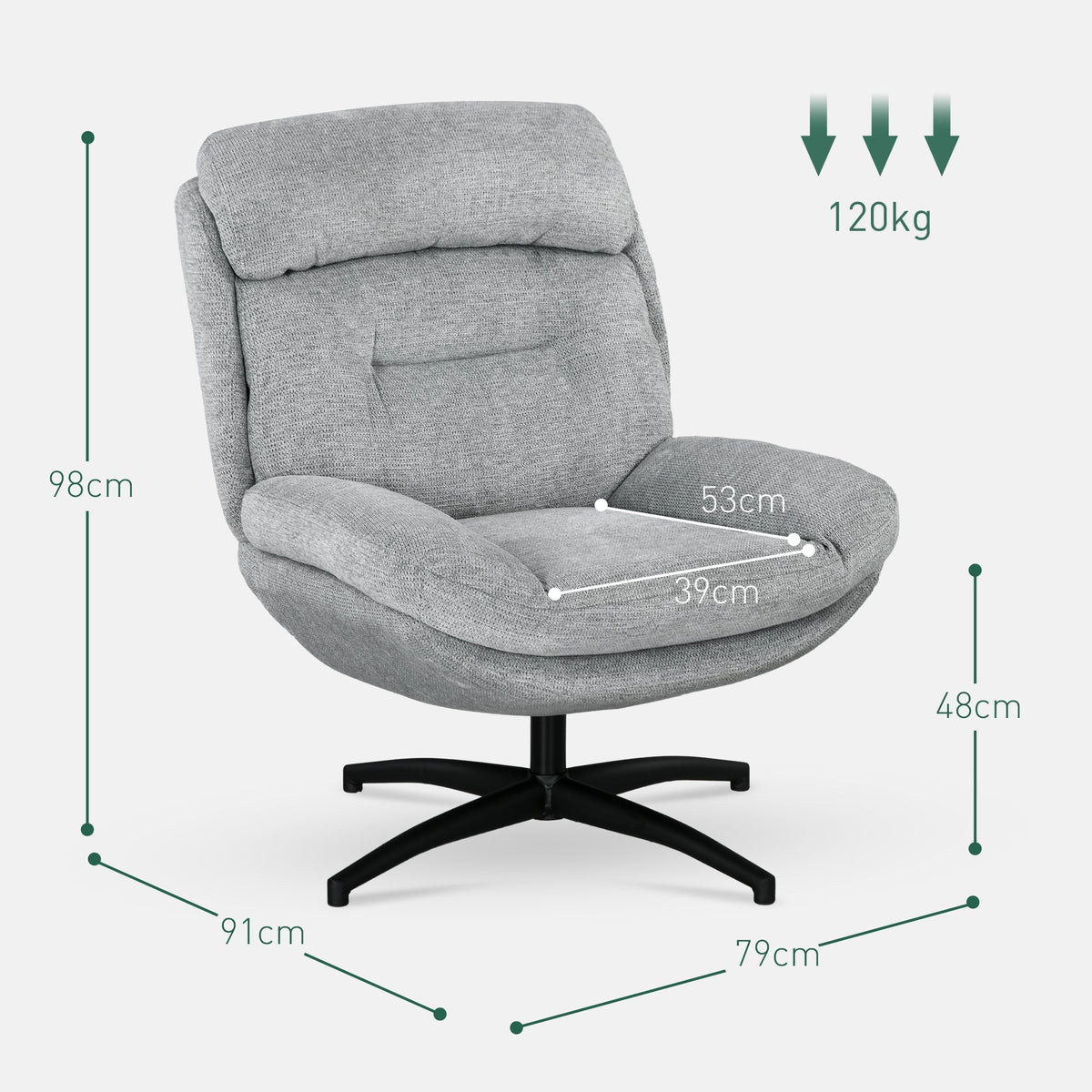 Swivel Lounge Armchair, Water-Repellent Recliner with Integrated Armrest, Chenille Look