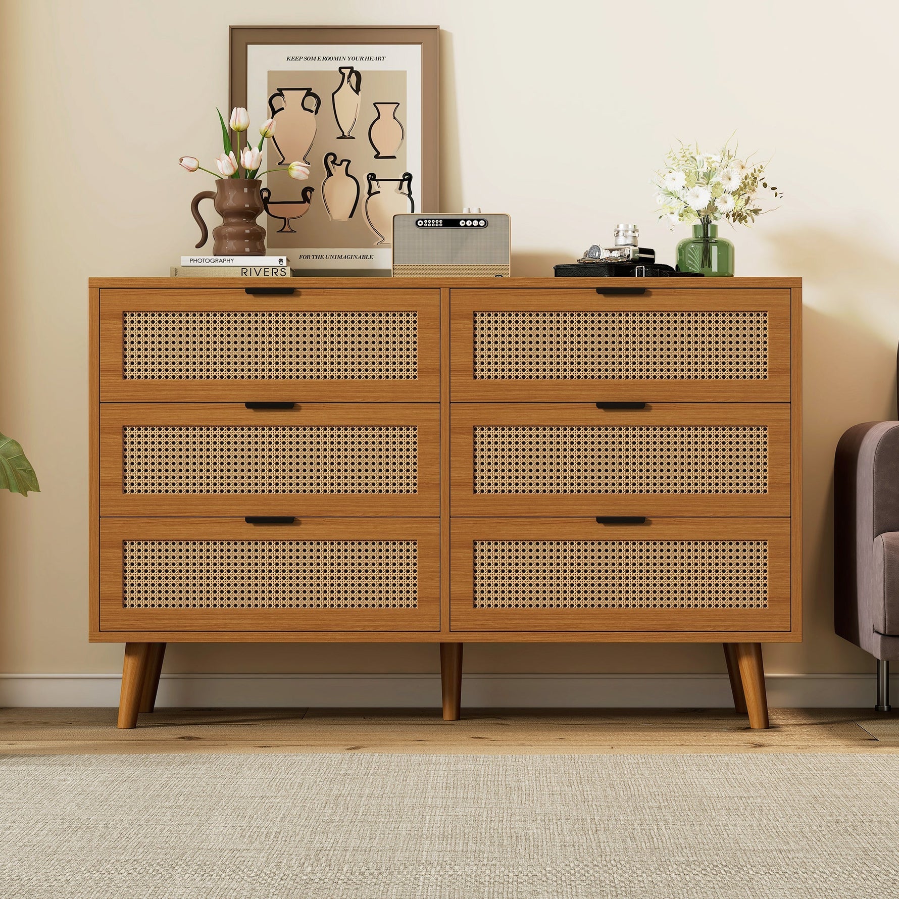Chest of drawers 6 drawers with metal handles made of wood