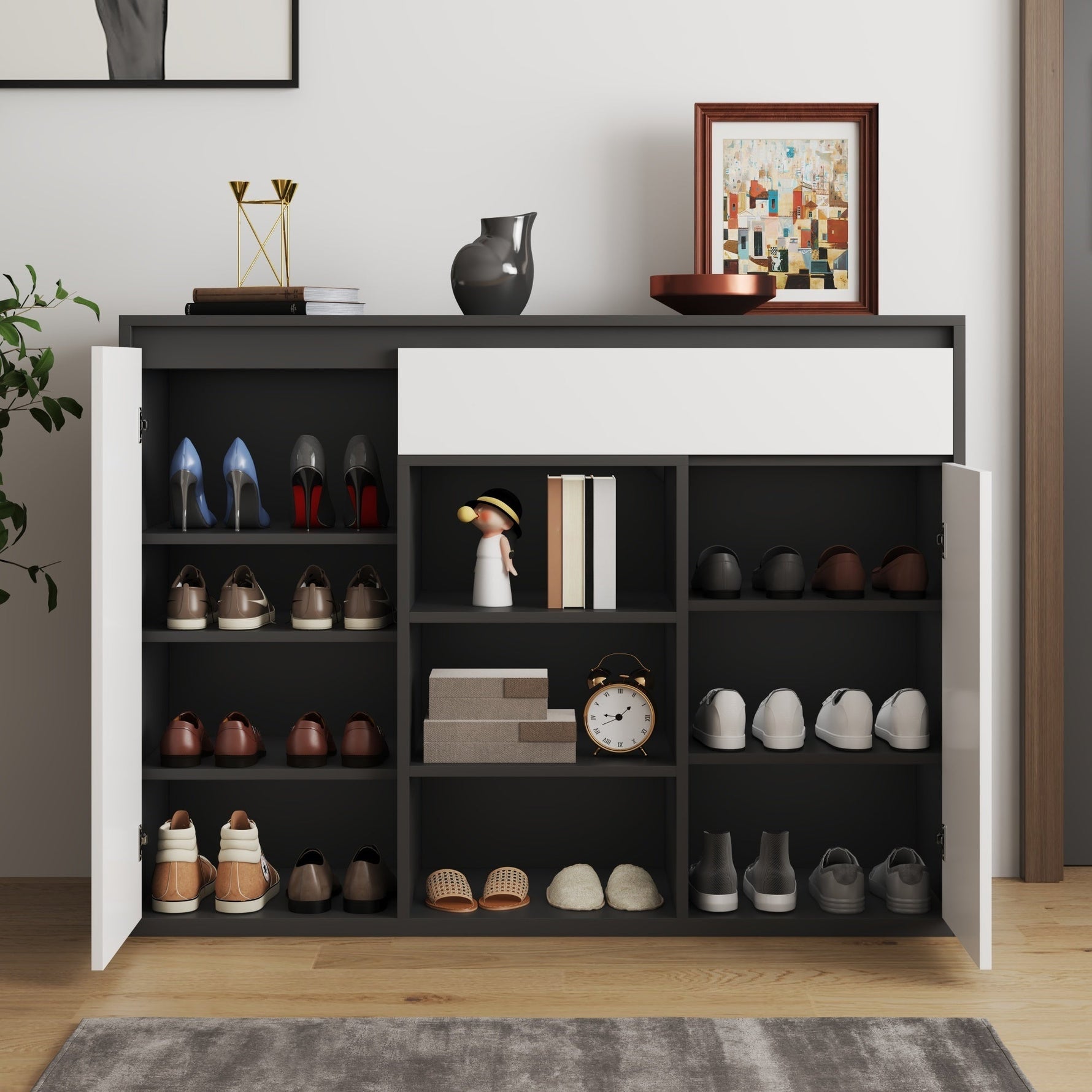 Shoe Cabinet, 2 Doors 1 Drawer Adjustable Rack, Black/White Modern Design