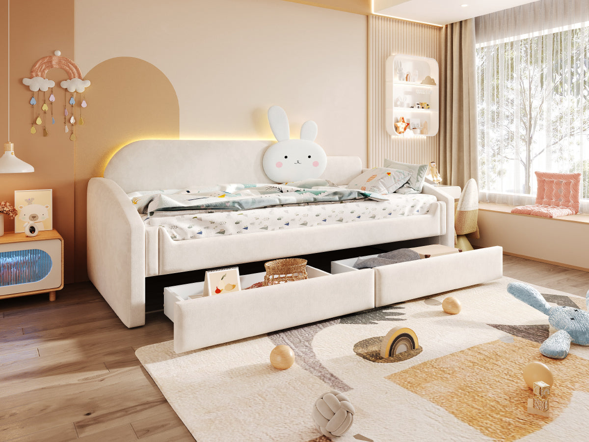 Children's Sofa Bed 90x200 with Storage & LED, Beige Velvet