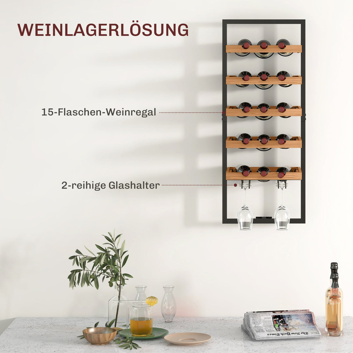 Wall-Mounted Wine Rack, 5 Tiers, 15 Bottles 4 Glasses, Pinewood Steel