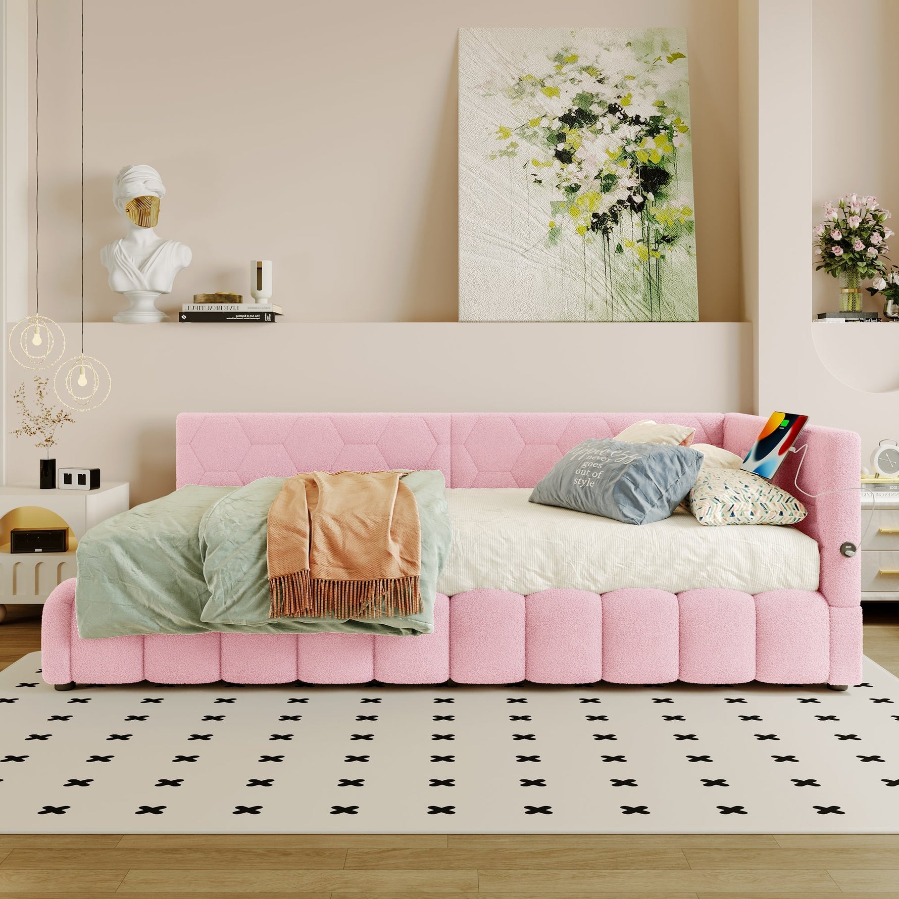 Daybed with LED Light, Hydraulic Storage and USB Charging, Pink Imitation Fleece