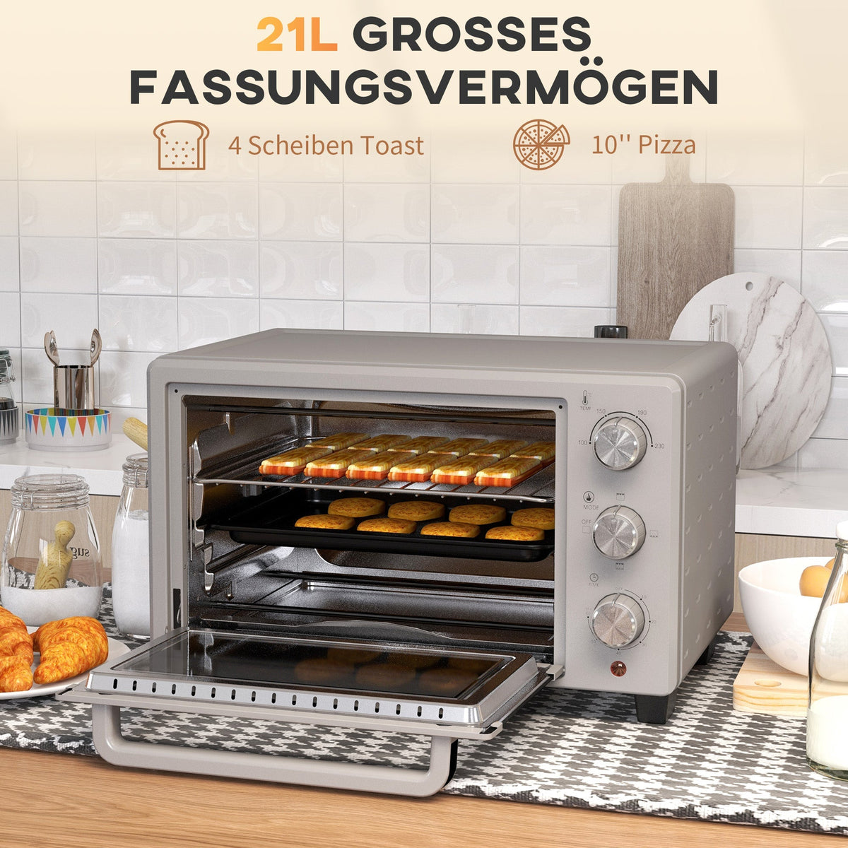 Small Oven 21L 100°C-230°C 3 Cooking Modes Stainless Steel Silver