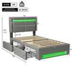 Upholstered Bed 90x190 cm with LED, USB & 4 Drawers, Grey PU