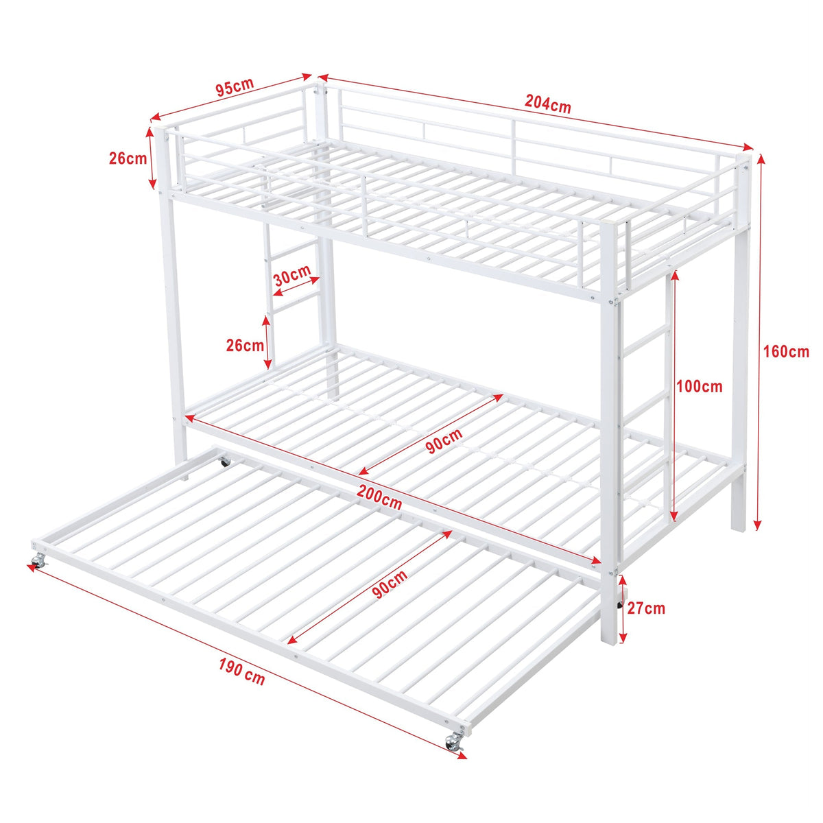 Bunk Bed 90x200cm Pull-out Bed High Railings - White
