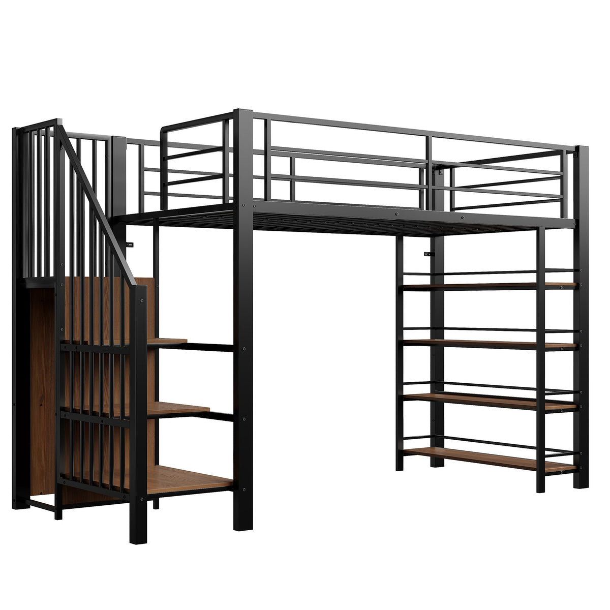 Loft Bed, 90x200 with Safety Stairs & Storage Wardrobe, Black