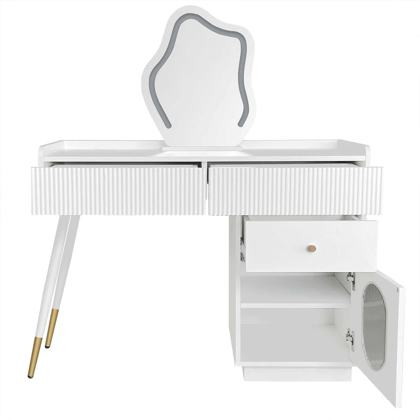 Dressing table with LED mirror and lighting, 3 drawers 1 door, white