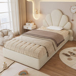Single Upholstered Bed Curved Petal Headboard 90x200cm, Beige Velvet