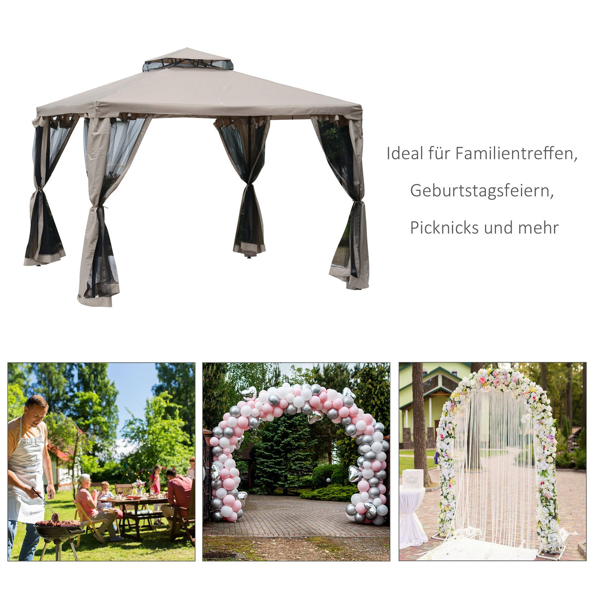 3x3m Garden Gazebo with 4 Sidewalls, Weatherproof, for Garden Parties & Events, Metal & Polyester, Grey