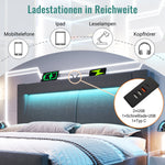Double Bed with Hydraulic Storage, LED Lighting and USB Charging Ports, Gray Velvet