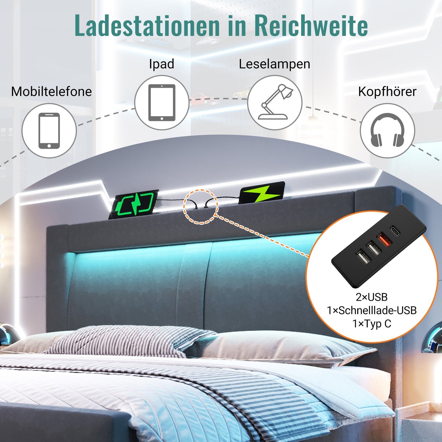 Double Bed with Hydraulic Storage, LED Lighting and USB Charging, Grey Velvet