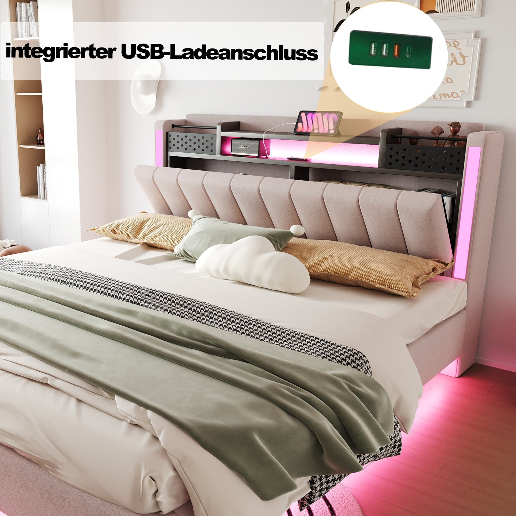 Upholstered Bed, 160*200 LED, USB, Storage, Floating, Linen Fabric, Beige