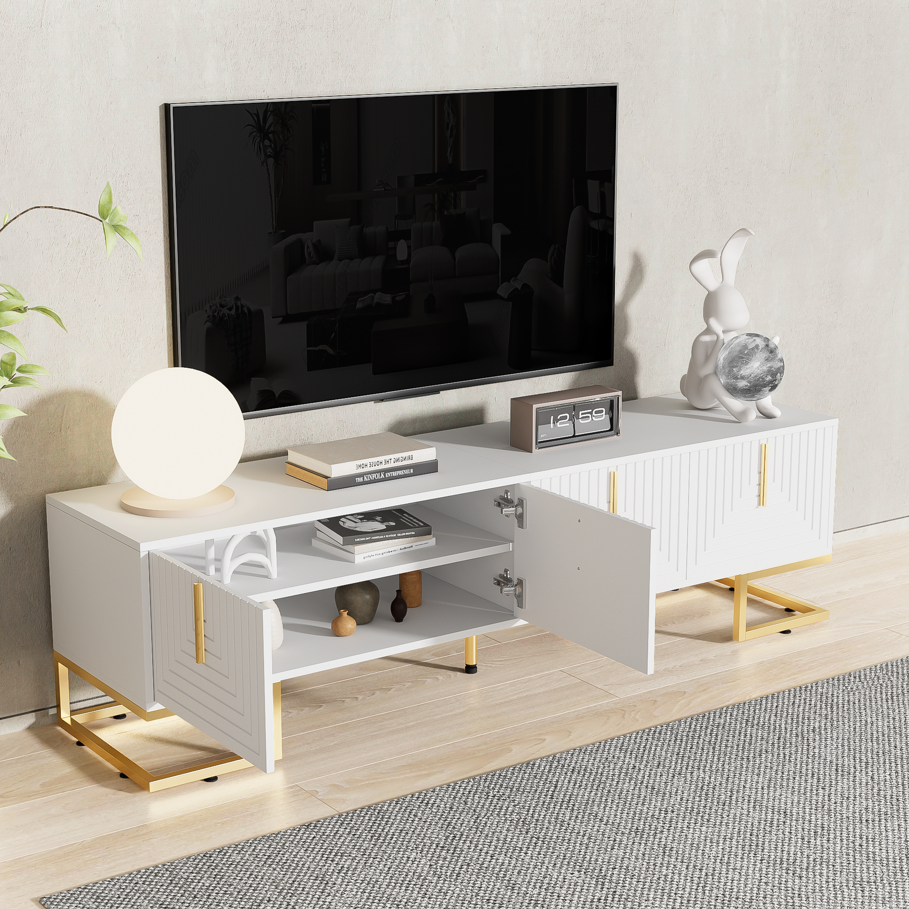 TV Cabinet Lowboard Textured Door Gold Handles and Feet