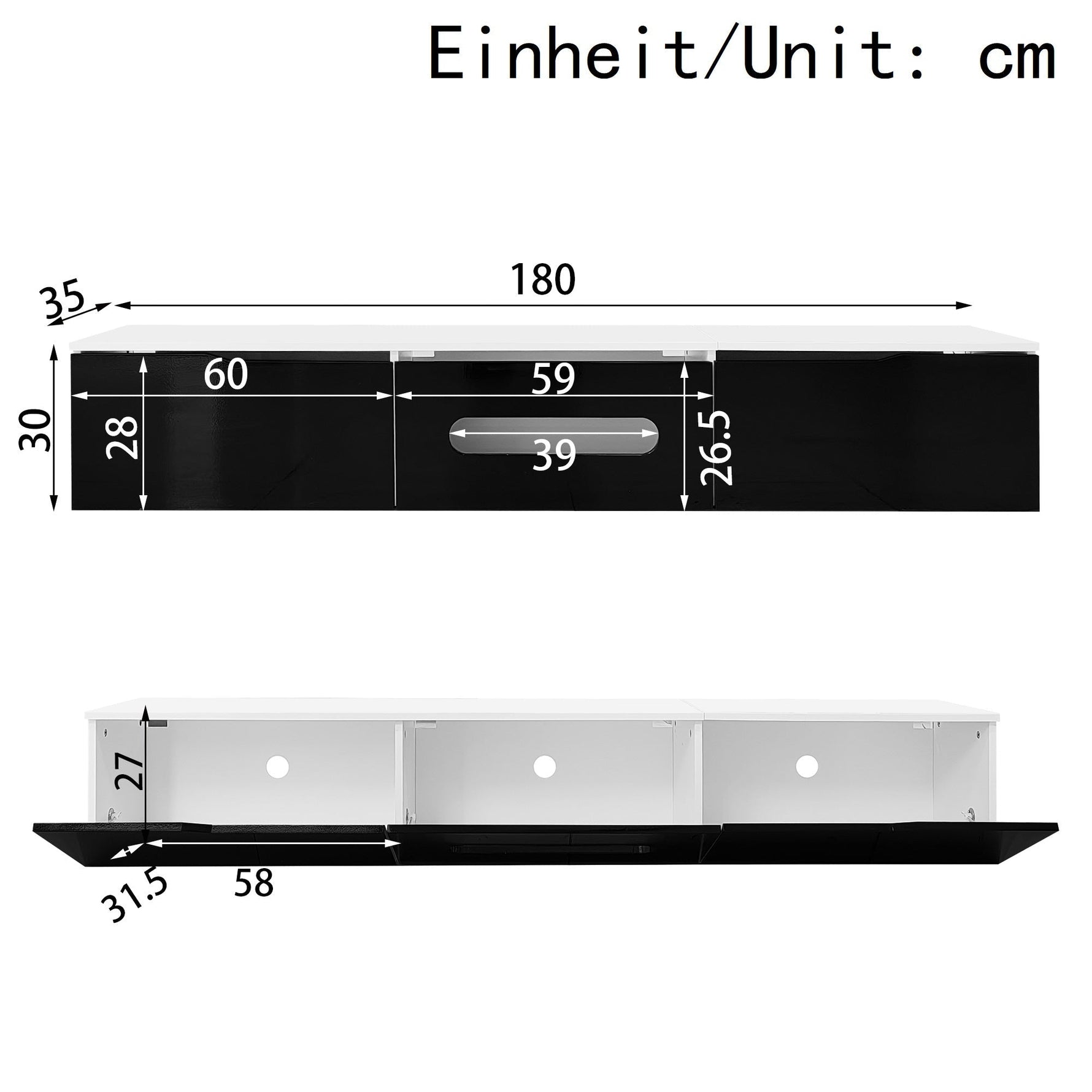TV Cabinet 180cm High-Gloss LED Wall-Mountable Black/White