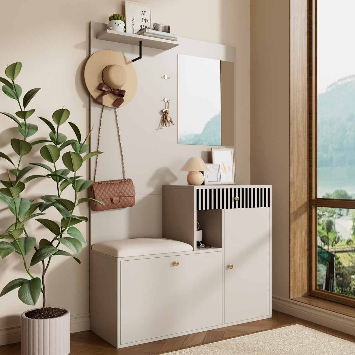 Wardrobe Set, Hallway with Mirror & Cushions, Shoe Cabinet, 110 x 185.5 x 37 cm, Compact