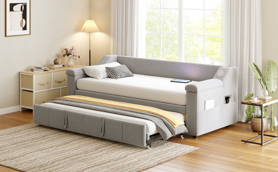 Sofa Bed, Bluetooth Stereo, Storage, Slatted Frame, Light Grey Velvet