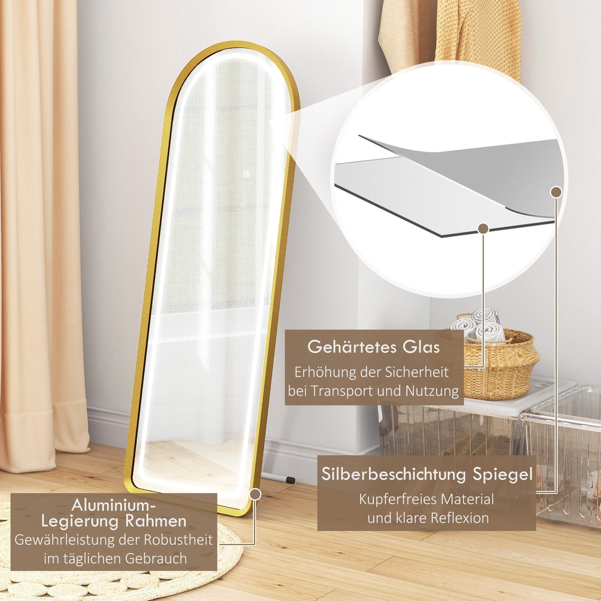 Full-Length Mirror, Dimmable LED, Wall & Standing, Touch Switch, Gold