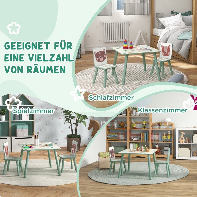 Children’s table with 2 chairs, kids’ seating set with 1 table & 2 chairs, cute animal design, suitable for children aged 3–8 years, green