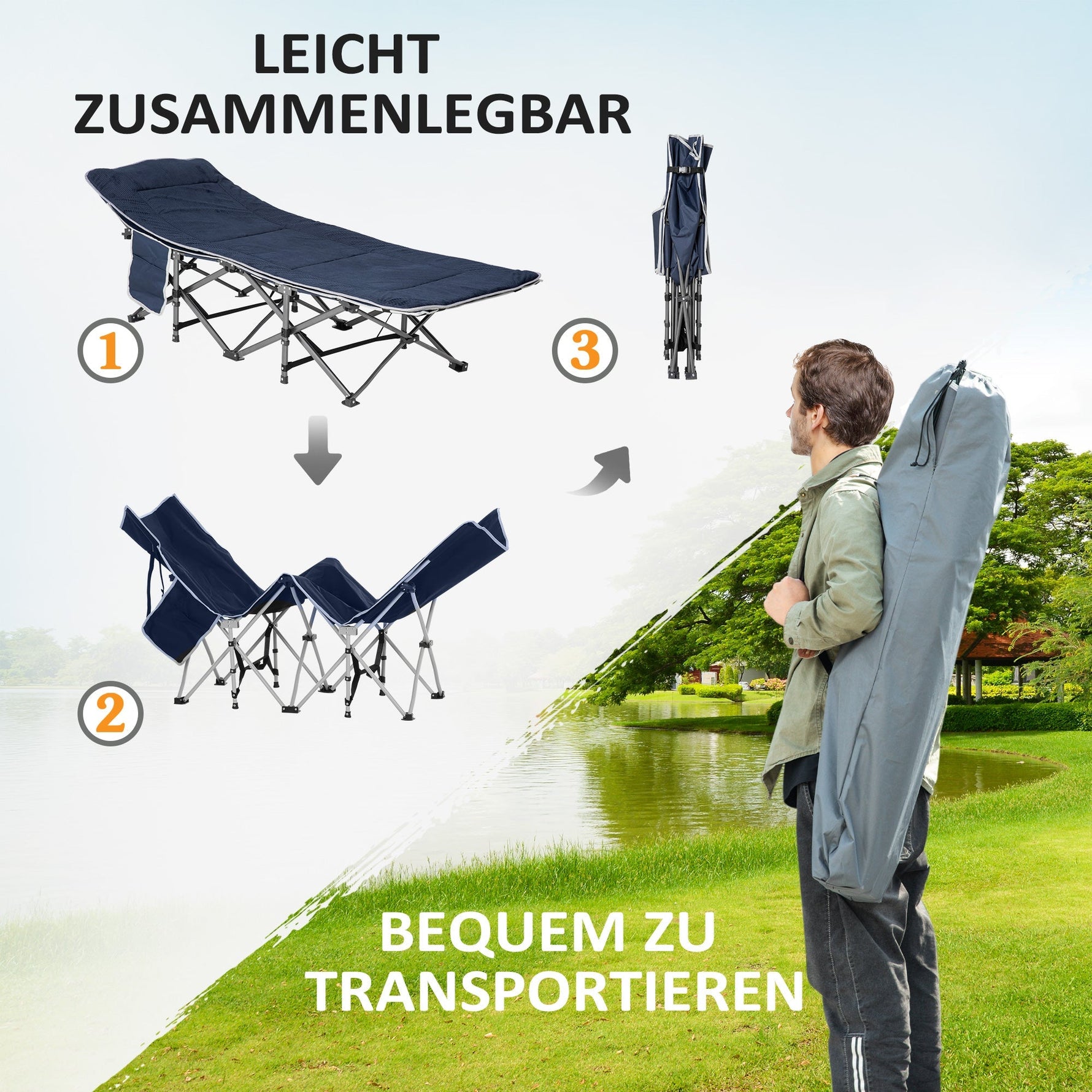 Camping Bed, Foldable with Pillow, Side Pocket, 150 kg Capacity, Oxford Dark Blue