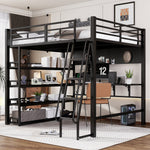 Iron Bed, Loft Bed with Storage, Charging Port, Ladder, Black Iron & Chipboard