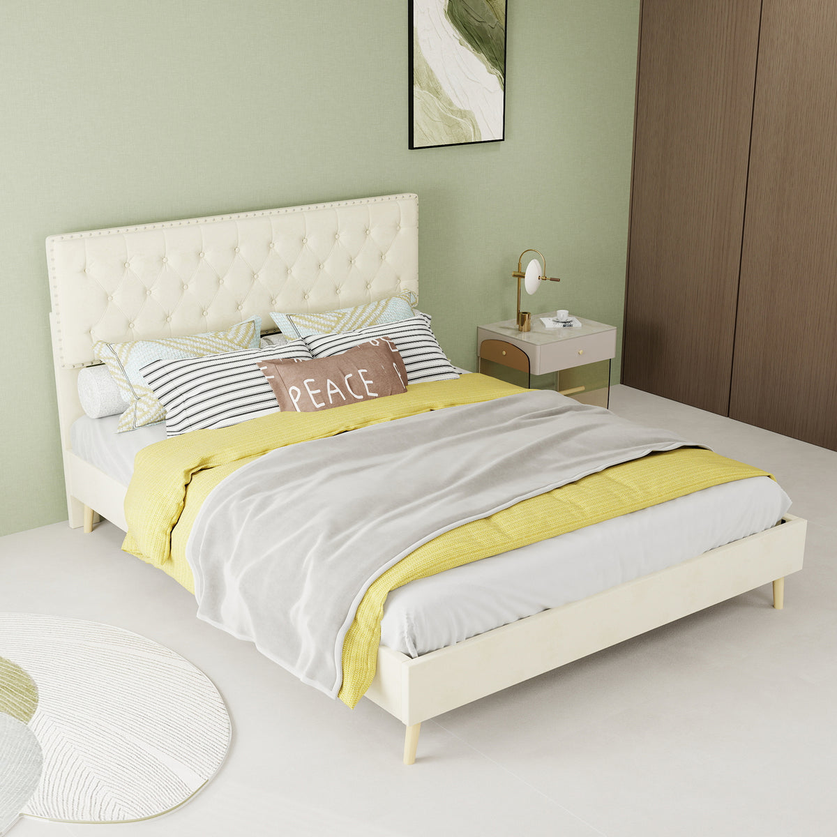 Modern Minimalist Soft Bed with Mattress 140x200cm, Beige