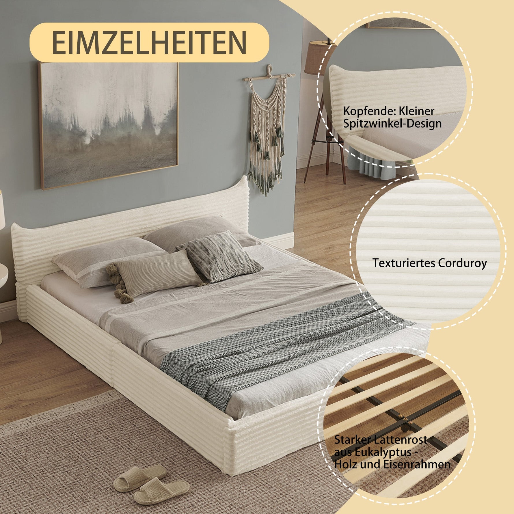Double Bed 140x200cm, Corduroy Cover, Eucalyptus Wood Frame, Beige