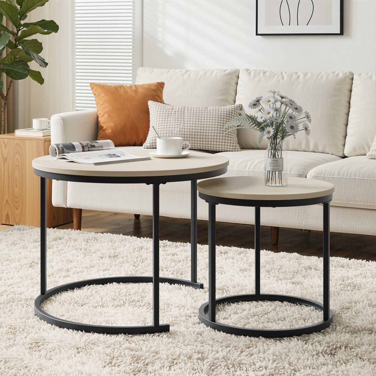 Nesting Coffee Table Set, 2-Piece Round 60cm Modern Design, Oak Veneer and Metal