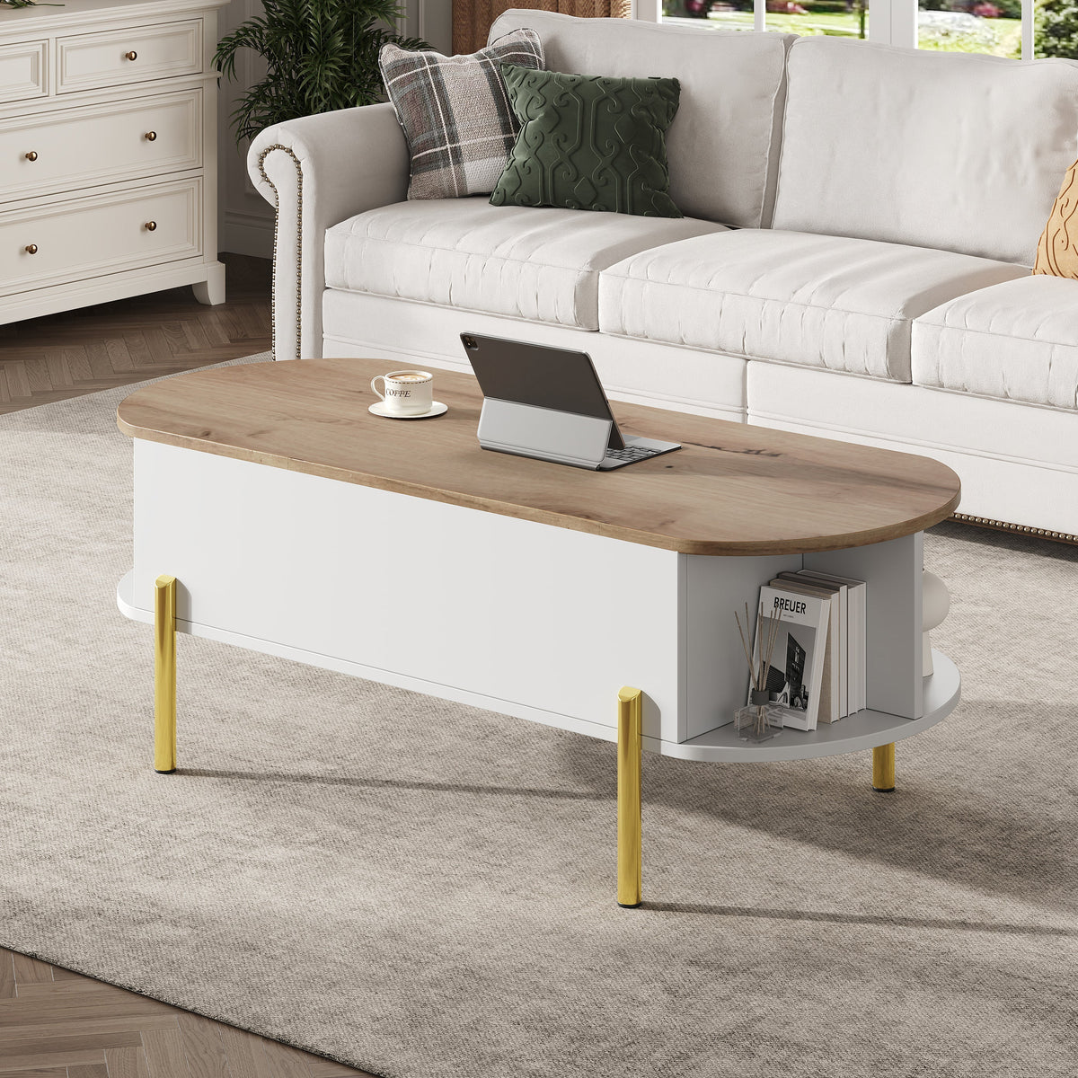 Coffee Table 120x50x43cm Height-Adjustable Hidden Storage 7 Shelves Wood/White