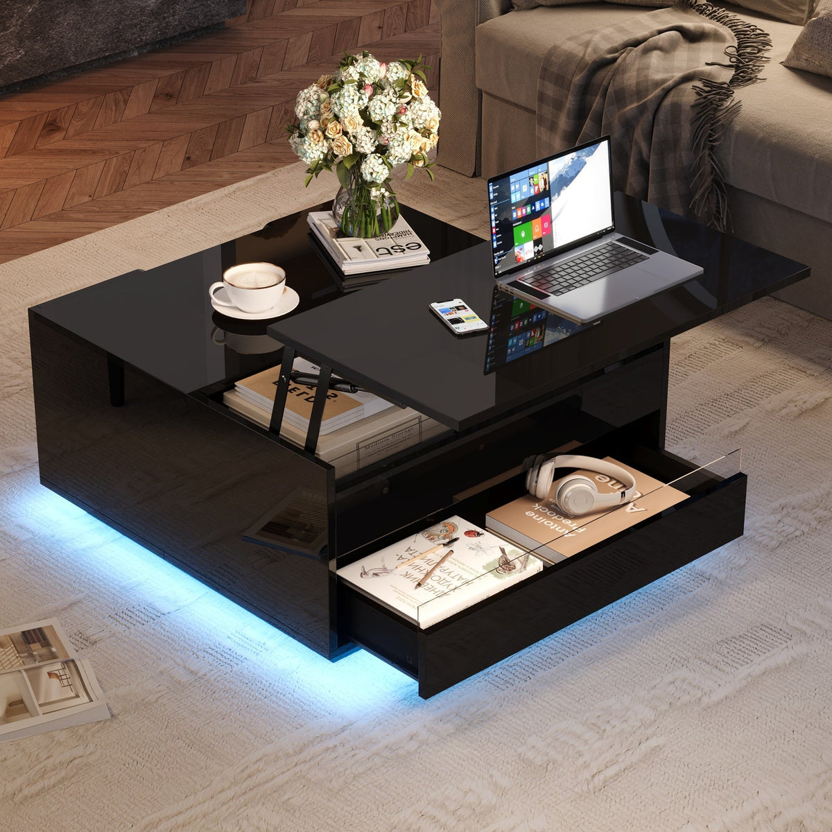 Living Room Coffee Table, Liftable with LED Light Strip, 1 Drawer, Hidden Storage & Flip-Up Doors, High-Gloss Black