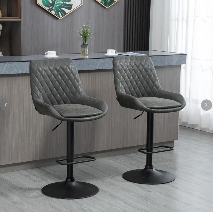 Bar Stools, Height-Adjustable with Backrest, Faux Leather Dark Grey