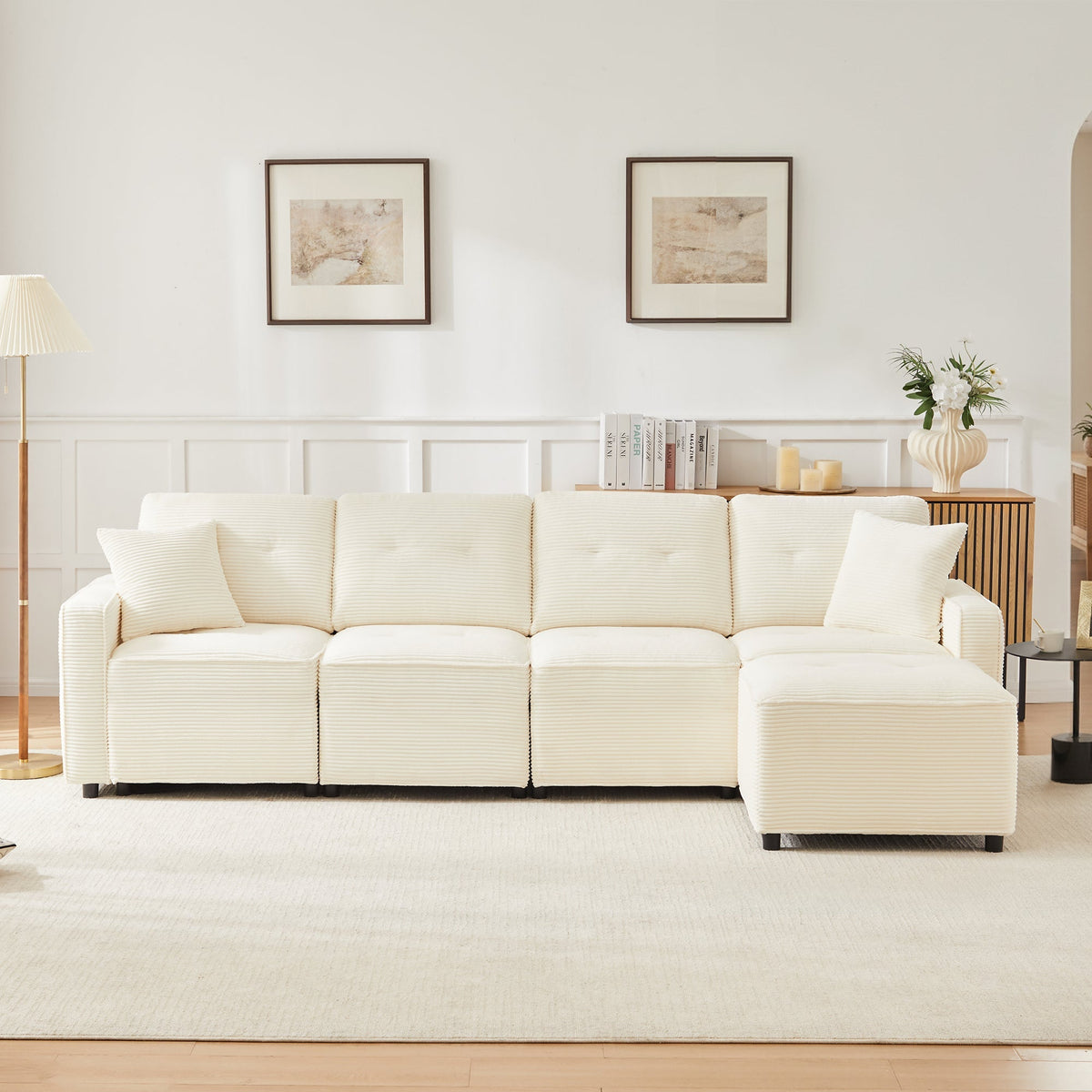 4-Seater Straight Corduroy Sofa with Under-Seat Storage and Freestanding Ottoman, Beige