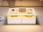 Coffee Table with LED Light and 2 Drawers, Glass and White