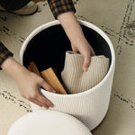 Storage Ottoman Round Footstool Lid Steel Base, Corduroy Cream White