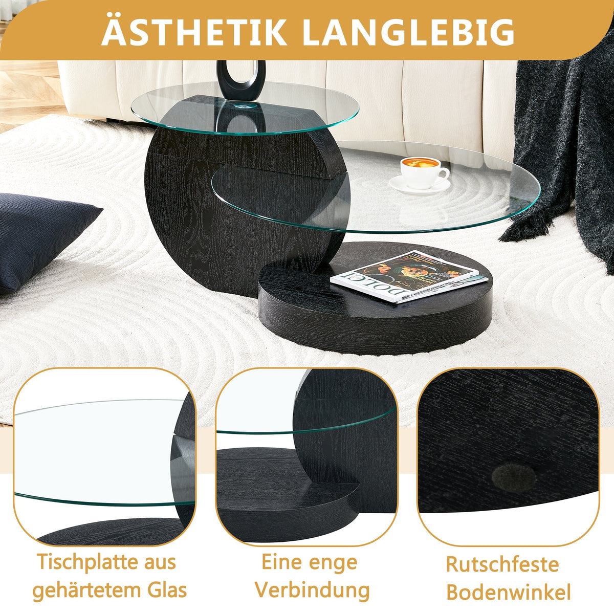 Modern Minimalist Coffee Table with Two-Layer Safety Glass and Multi-Tiered Design, Black Wood Grain Finish