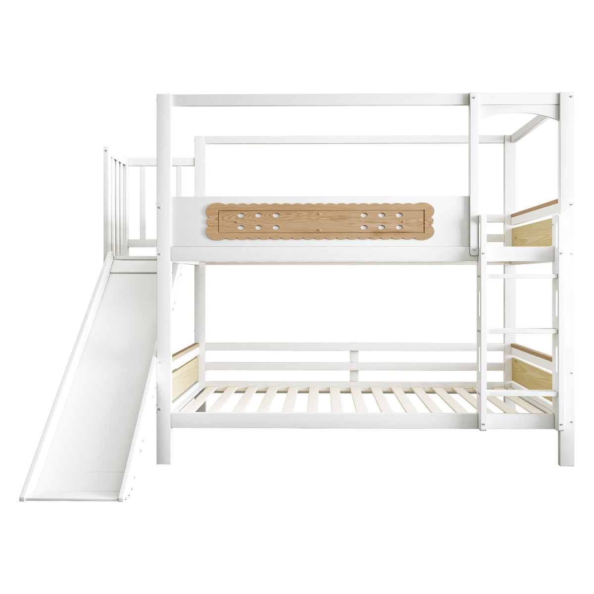 Children's Bunk Bed 90x200 with House Frame & Slide, Wood Color