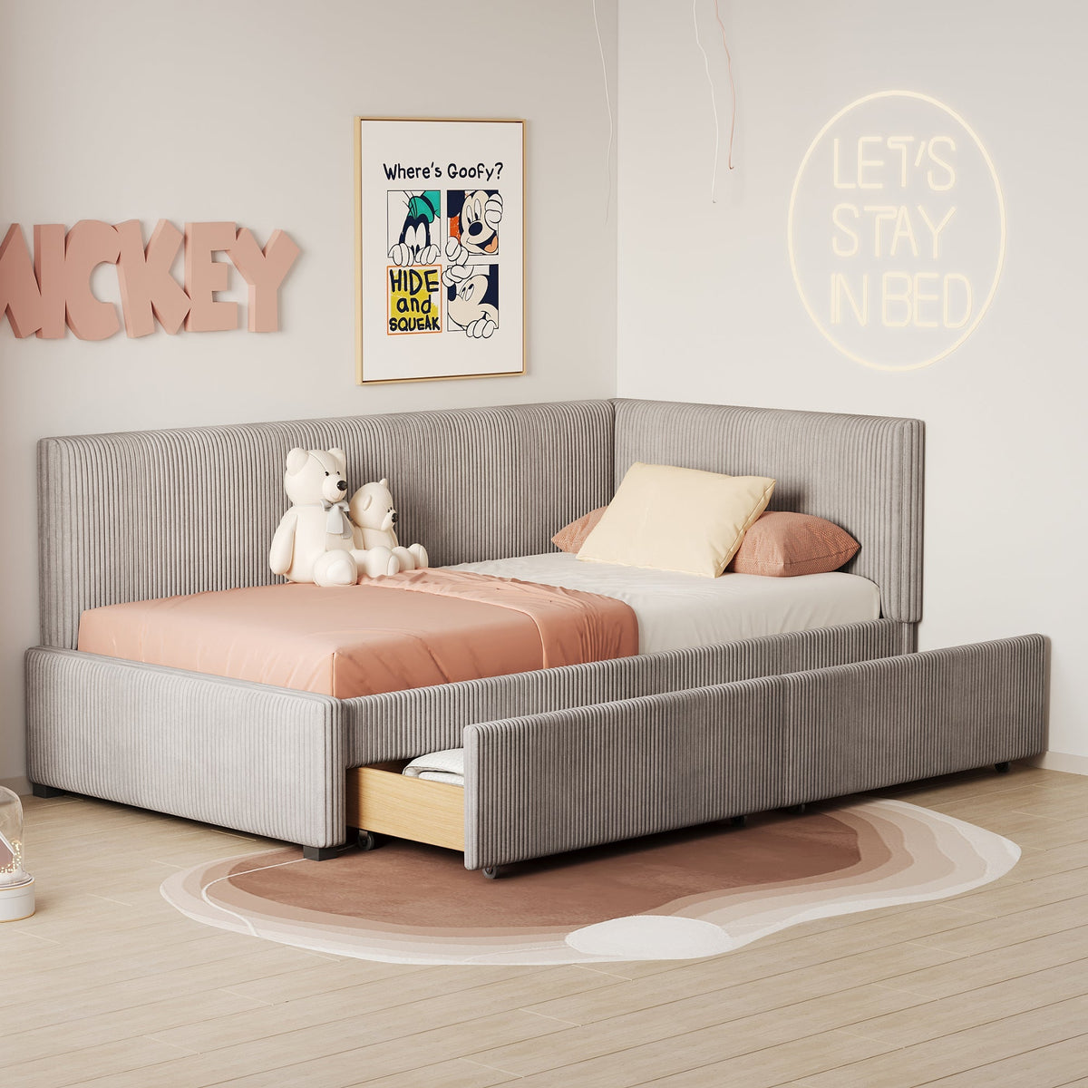 Upholstered Bed Sofa, 90x200 Multifunctional with 2 Storage Drawers, Gray Velvet