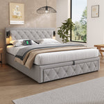 Upholstered Storage Bed with Downlight, USB Port and Slatted Base, 160x200cm, Grey Linen